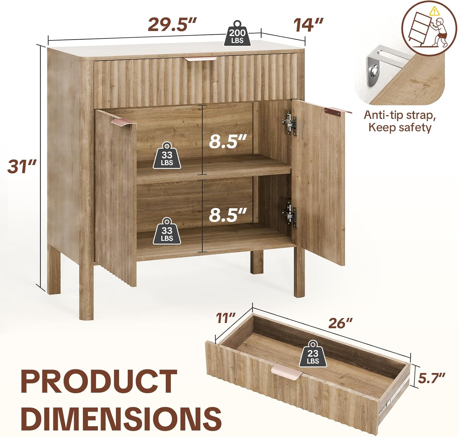 Fluted Buffet Cabinet Accent with Doors & Drawer 31" Oak | Anti-tipping Design, Scratch & Water-resistant, Pre-drilled Easy Assembly Versatile for Kitchen, Entryway & Living Room