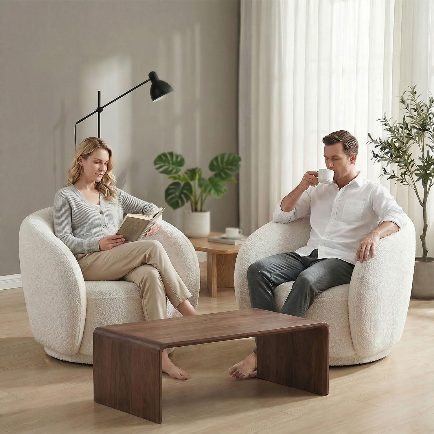 Set of 2 Swivel Barrel Accent Chairs, White Boucle Chairs | 33.07" 360° modern upholstered armchairs with thick cushions and round reading chair style for living rooms and bedrooms.