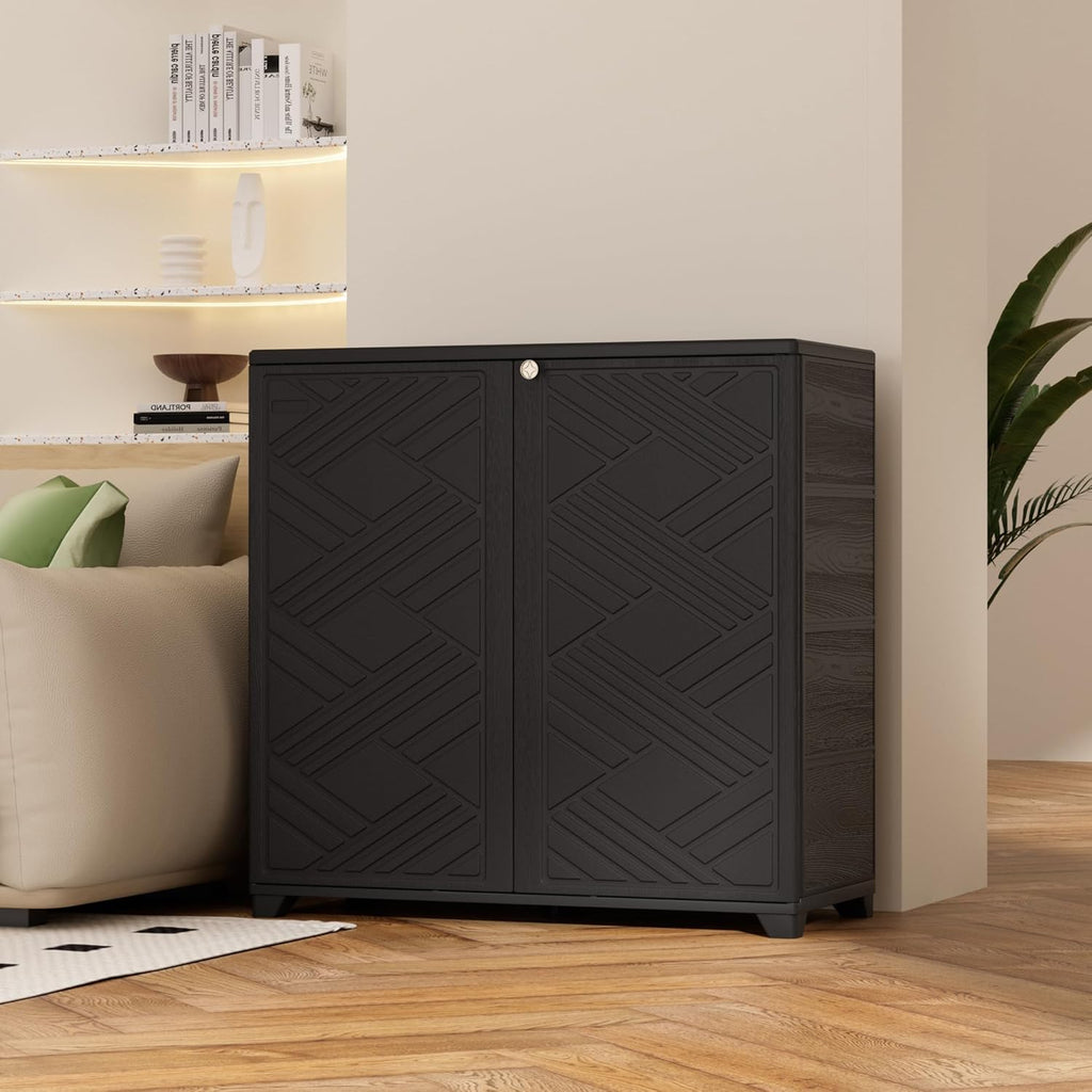 ADDOK Indoor Outdoor Plastic Storage Cabinet 34"x15"x34" with 1 Shelf, Outdoor Storage Shed for Living Room, Hallway, Balcony, Garage, Garden,Black