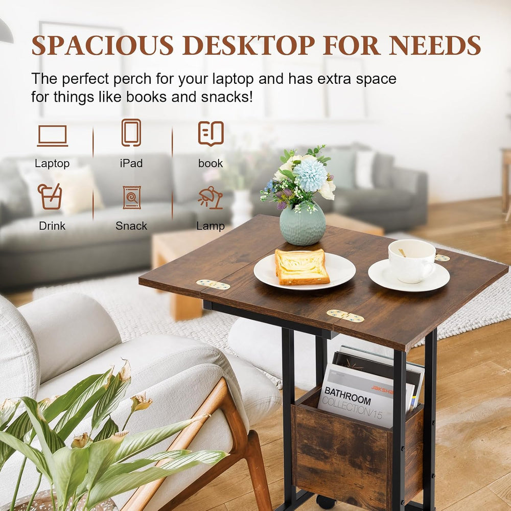Hadulcet C Shaped End Table with Charging Station & Foldable Tabletop, Fo...