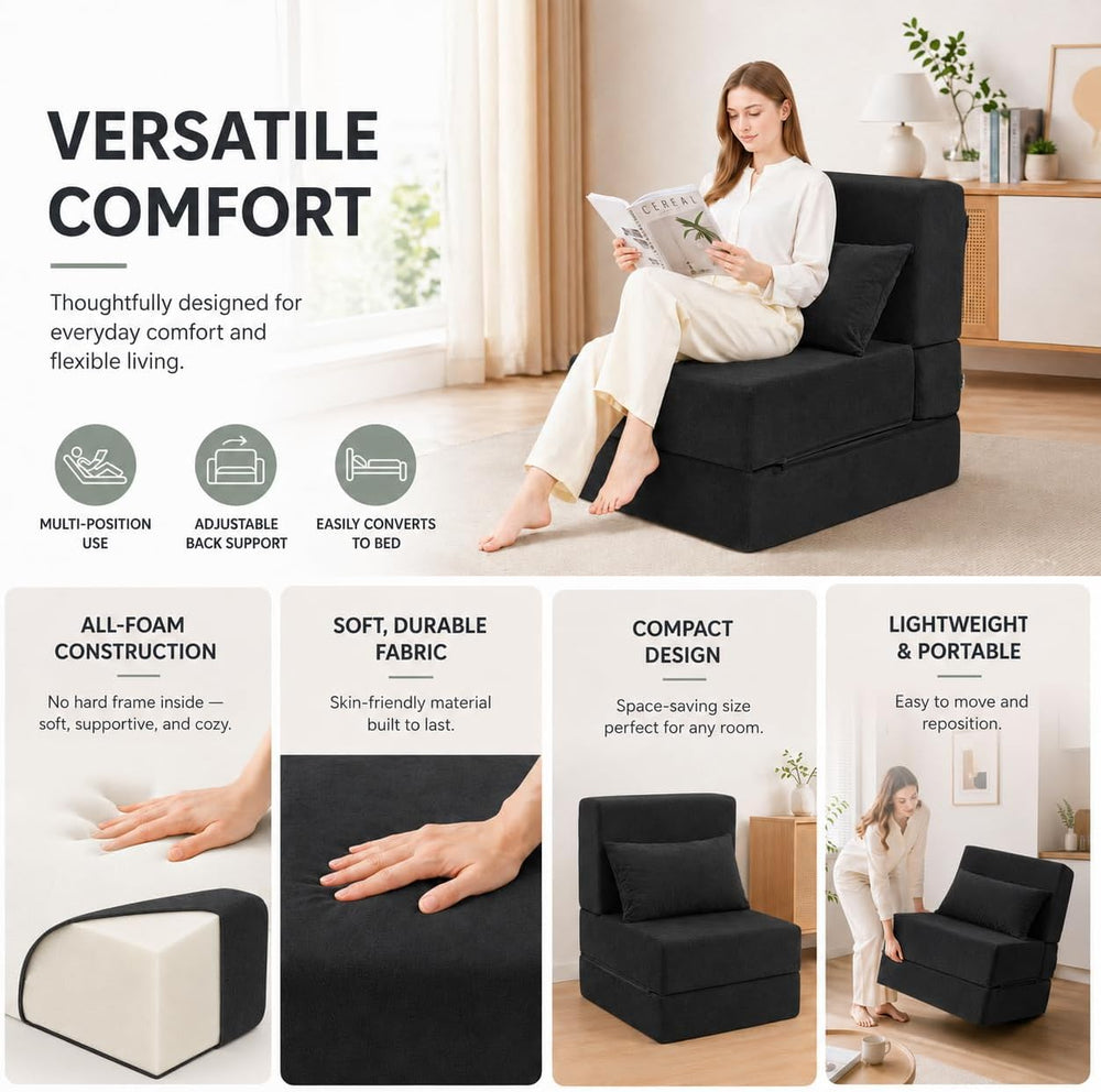Folding Sofa Bed, Convertible Sleeper Chair, No Assembly, Black | Sofa Couch,...