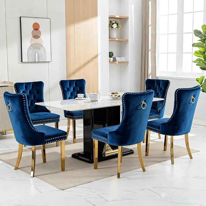 Mid Century Modern Dining Chairs Set of 6, Blue Velvet Upholstered Tufted Back, Kitchen & Dining Room Chairs, Gold Metal Legs, Nailhead Trim, Sillas para Comedor (Blue, 6 Pcs)