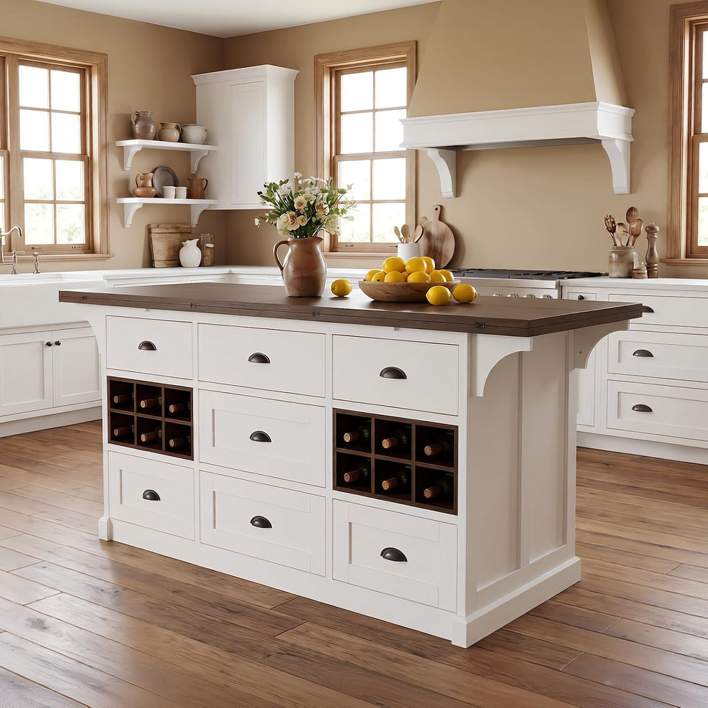 ECACAD 70.9" W Kitchen Island with Folding Drop Leaf, Extendable Stationary Storage Island with Wine Racks & 7 Drawers, Kitchen Prep Table with Wood Grain Tabletop for Dining Room, White & Brown