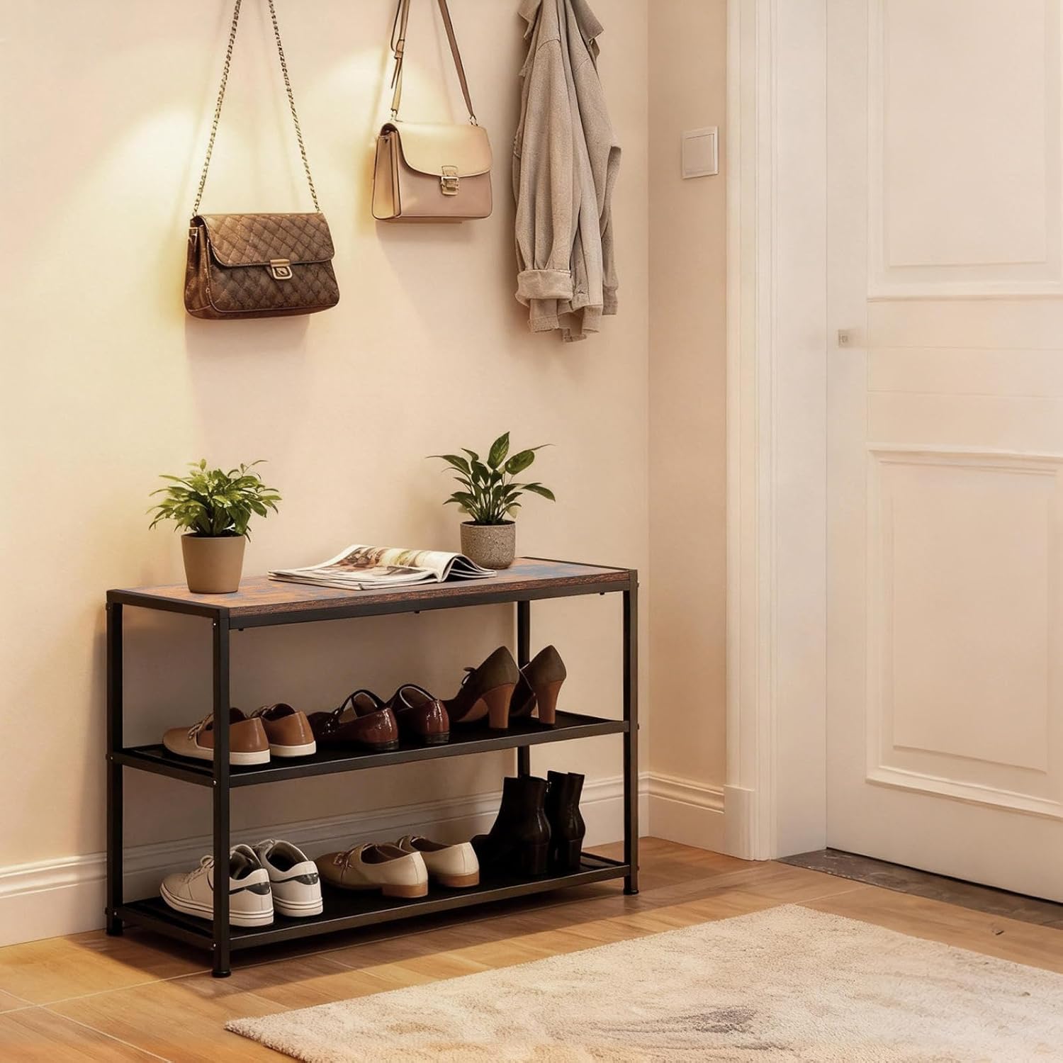 DUMOS 3-Tier Shoe Bench with Storage, Entryway, Mesh Shelves, Rustic Brown | Industrial style, 220 lb seating capacity, stores boots & sneakers, fits entryways & hallways
