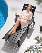 FOOWIN Chaise Lounge Chair Set of 2, HDPE Lounge Chair Outdoor with 5 Positions, Oversized Pool Lounge Chairs with Rolling Wheels & Cup Holder for Poolside Deck Backyard, Black