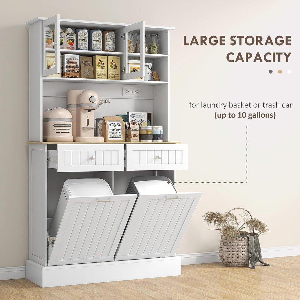 Pantry Storage Cabinet with Charging Station, 2 Tilt Out Trash Cabinets and M...