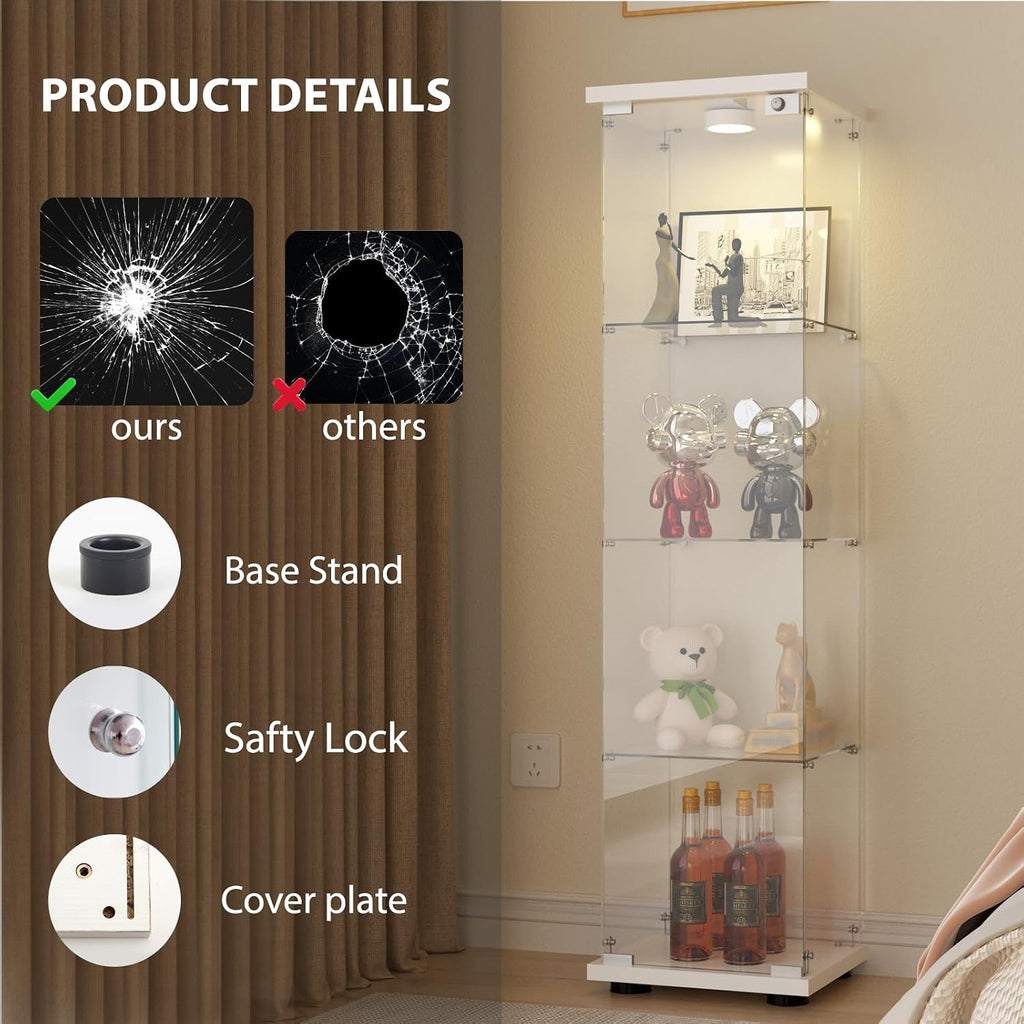 FANYUSHOW Glass Display Cabinet with LED Light & Lock, 1-Door 4-Shelf White | Tempered glass shelves, 64.7"H x 16.7"W x 14.4"D, 13-color remote lighting, 30/60-min timer, curio display case