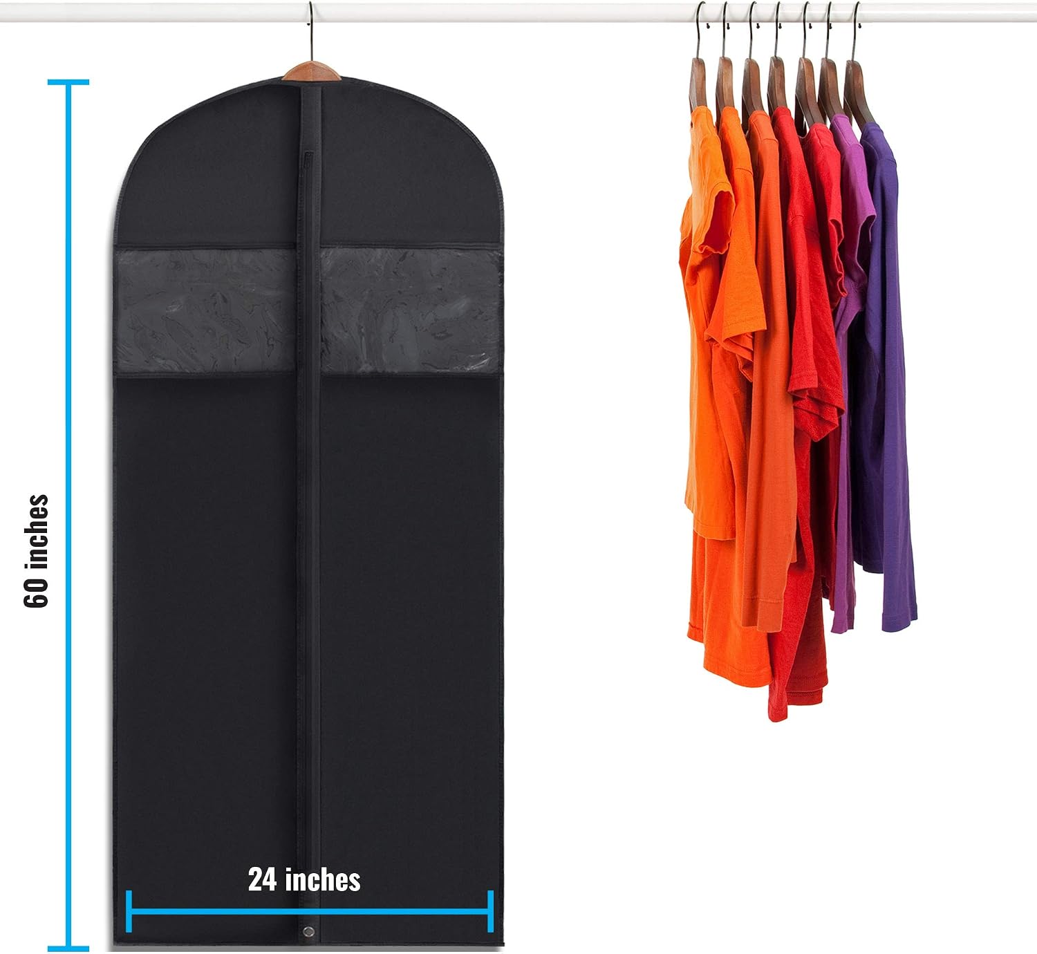 Plixio 60” Black Garment Bags for Hanging Clothes, Men Suit Bag for Travel and Clothing Closet Storage of Women Dress, Shirts, Coats, Suit Cover - Includes Zipper and Transparent Window (Pack of 6)