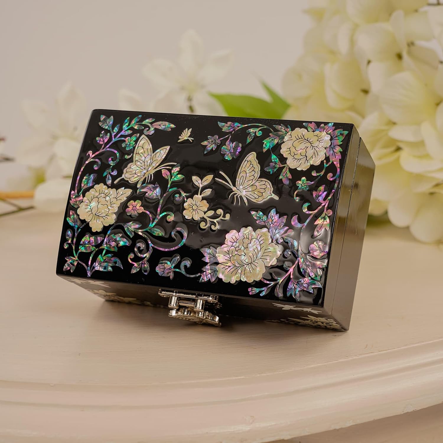 Mother of Pearl Small Jewelry Ring Box - Gifts for best friends women, Thank you gifts, mom birthday gifts, Friendship Women Gifts Trinkets Keepsake Treasure box (Black-Butterfly)