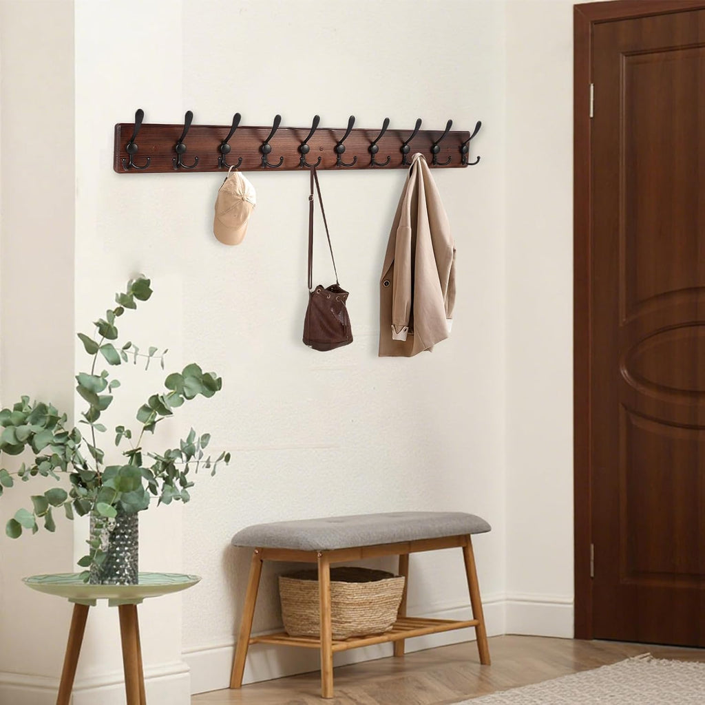 38.6'' Large Coat Rack Wall Mount Coat Hooks Coat Hanger with 10 Metal Black Triple- Hooks Brown Pine Real Wood Plank Hat Rack for Wall Hooks for Hanging Coat Hat Jacket