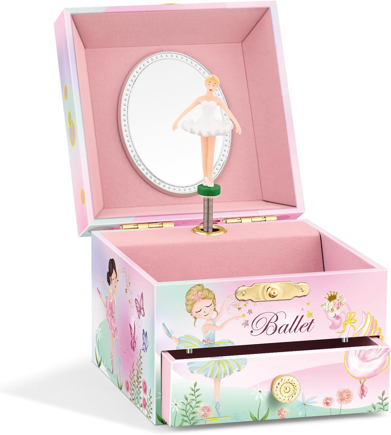 A&A Music Jewelry Box for Girls - Ballet Ballerina Theme with Spinning Doll & Swan Lake Melody, Pink Keepsake Box with Velvet Lining & Mirro