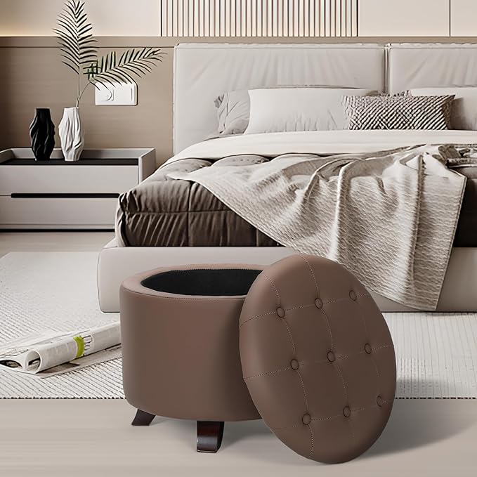Athena Collection 20 Inch Small Ottoman with Storage, Round PU Leather Storage Ottoman with Removable Lid, Stylish Footstool Foot Rest for Living Room, Bedroom, Dorm, Brown