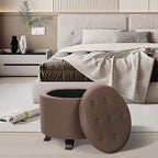 Athena Collection 20 Inch Small Ottoman with Storage, Round PU Leather Storage Ottoman with Removable Lid, Stylish Footstool Foot Rest for Living Room, Bedroom, Dorm, Brown
