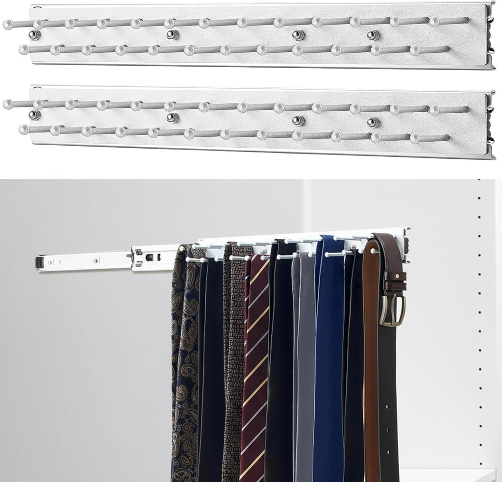 Blulu 2 Pcs 13.8'' Sliding Tie Rack Hangers for Closet, 25(Total 50) Tie Pull Out Wall Mounted Extending Sturdy Metal Belt Organizer Holder for Men Belt Storage, Sliver