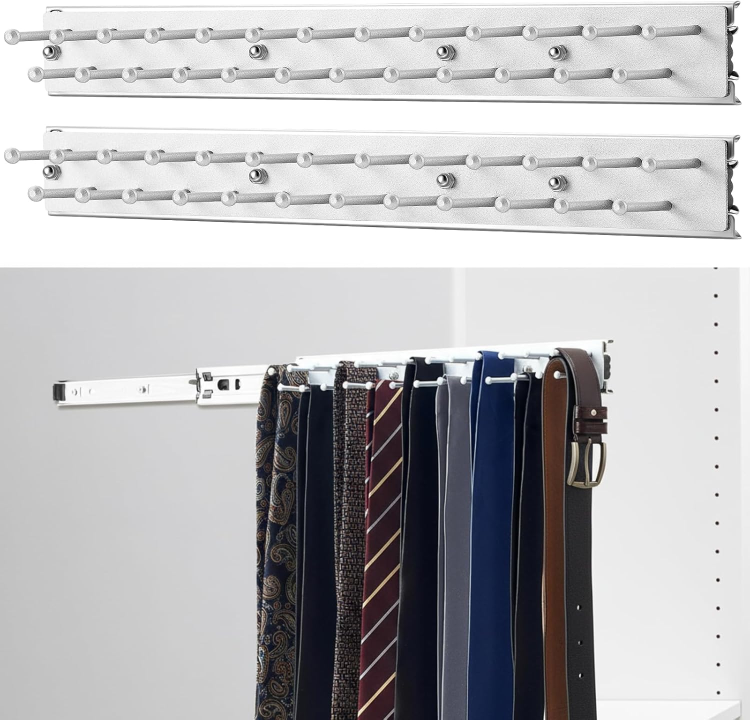 Blulu 2 Pcs 13.8'' Sliding Tie Rack Hangers for Closet, 25(Total 50) Tie Pull Out Wall Mounted Extending Sturdy Metal Belt Organizer Holder for Men Belt Storage, Sliver