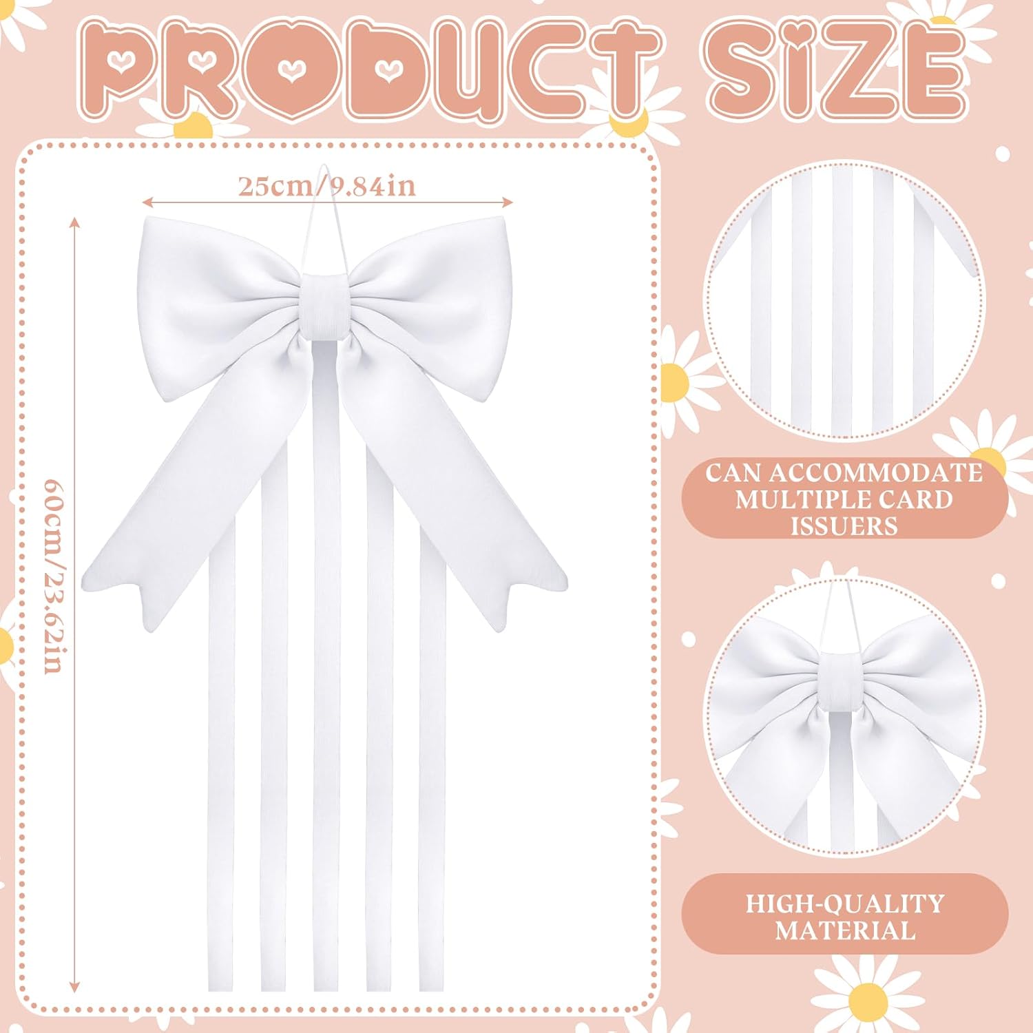 Weysat White Bow Organizer for Girls Huge Bow Holder for Girls Hair Bows Claw Clip Organizer Decoration Accessories with Five Ribbons 20inch*5 Organizador for Room Decor