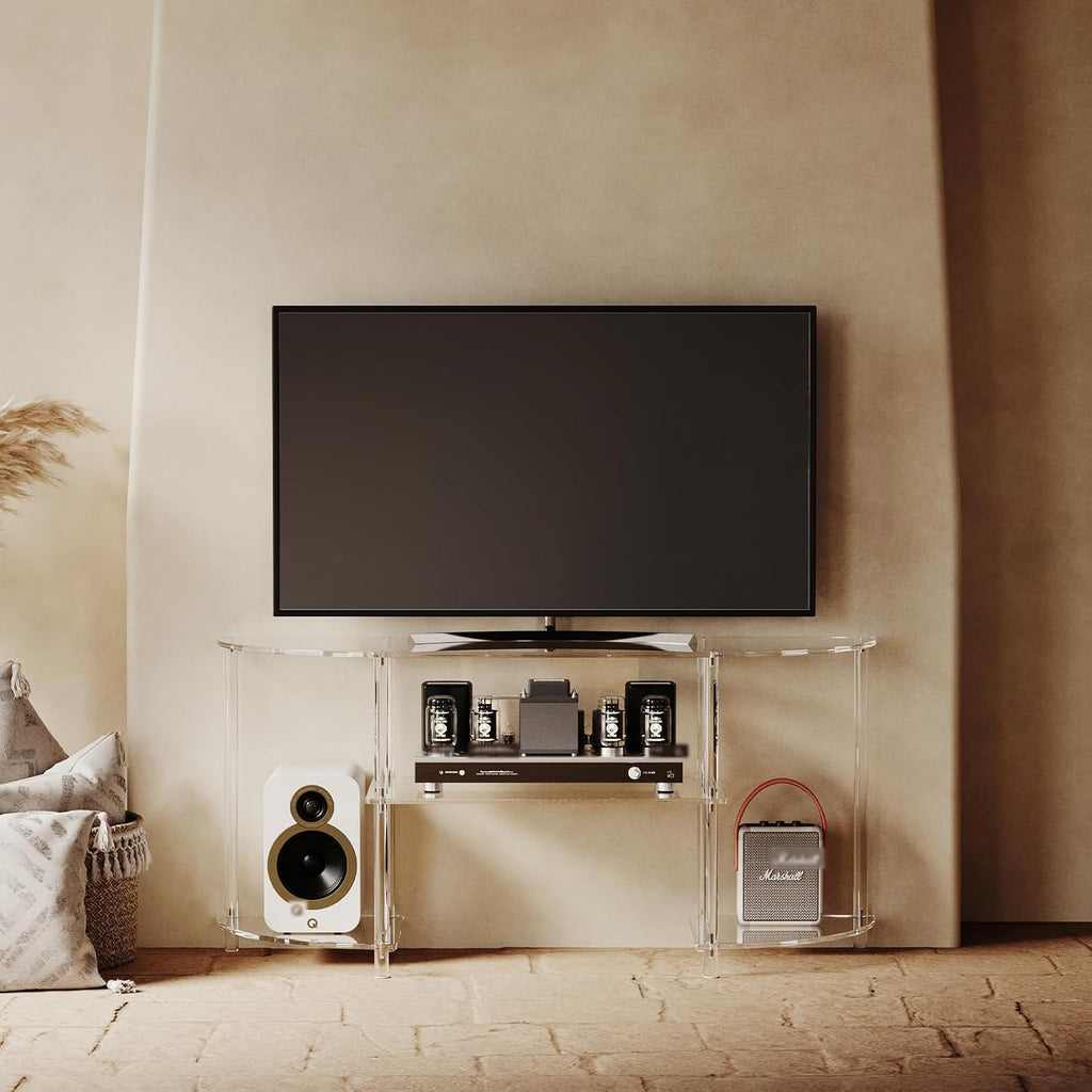 Eglaf Acrylic Modern TV Stand, 3-Tier Semi-Circular TV Console Table | Corner TV Stand, Entertainment Center with Open Shelves, TVs up to 50 Inch, 47.2'' L x 13.4'' W x 22.4'' H, Clear