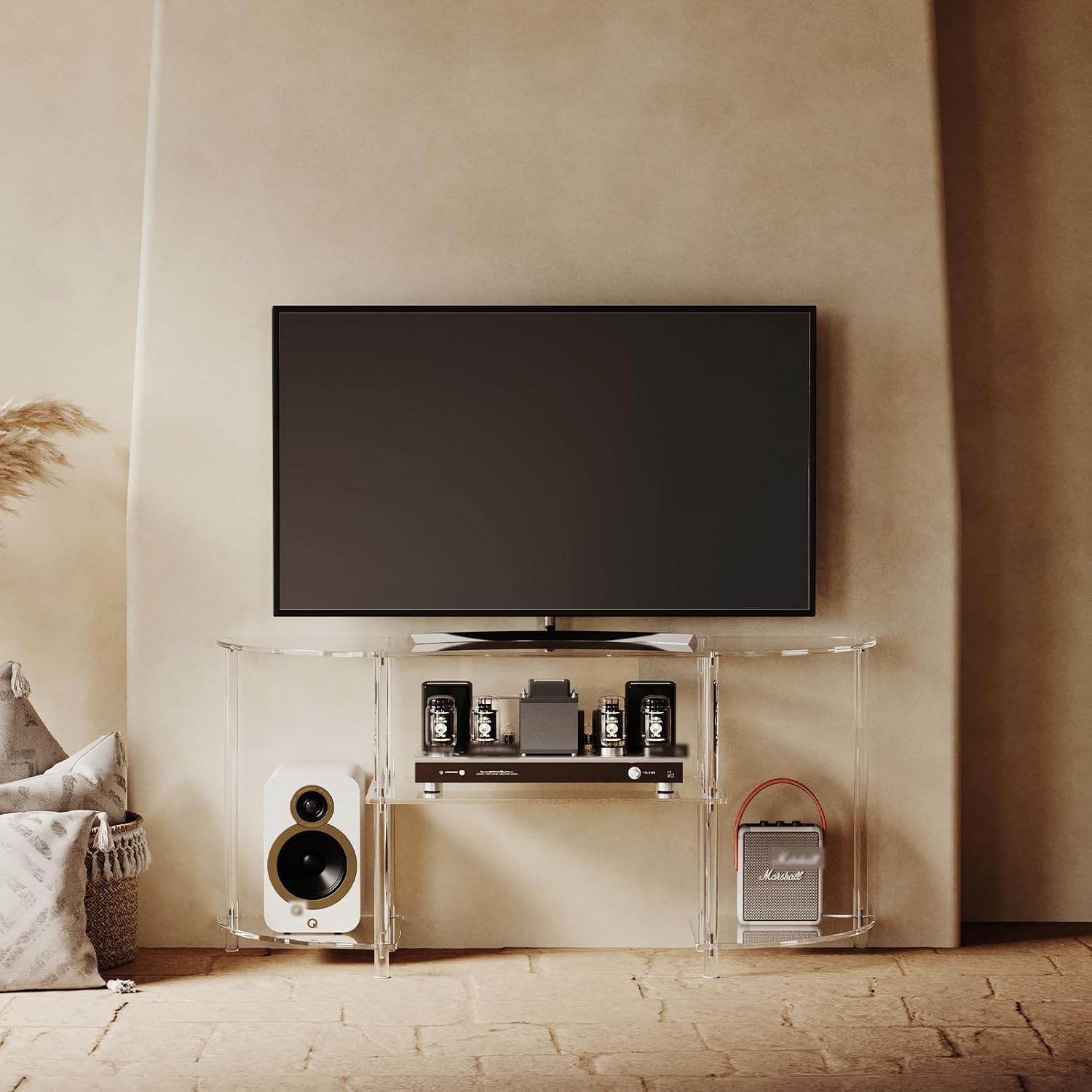 Eglaf Acrylic Modern TV Stand, 3-Tier Semi-Circular TV Console Table | Corner TV Stand, Entertainment Center with Open Shelves, TVs up to 50 Inch, 47.2'' L x 13.4'' W x 22.4'' H, Clear
