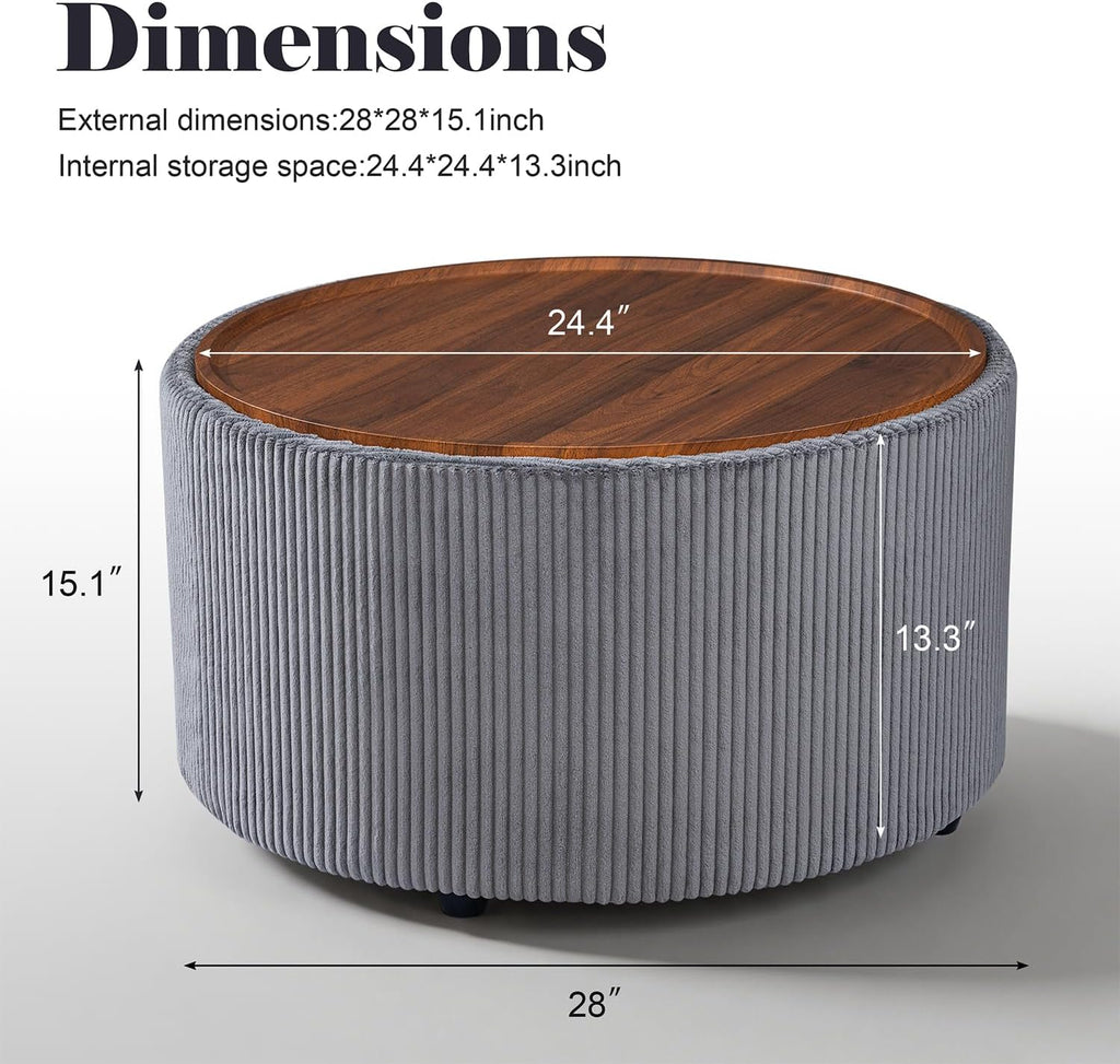 Homebeez 28” Round Storage Ottoman,Ottoman Coffee Table with Tray,Corduroy | Modern Ottomans with Storage with Anti-Slip Rubber Feet for Living Room, Bedroom, Apartment, Gray