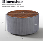 Homebeez 28” Round Storage Ottoman,Ottoman Coffee Table with Tray,Corduroy | Modern Ottomans with Storage with Anti-Slip Rubber Feet for Living Room, Bedroom, Apartment, Gray