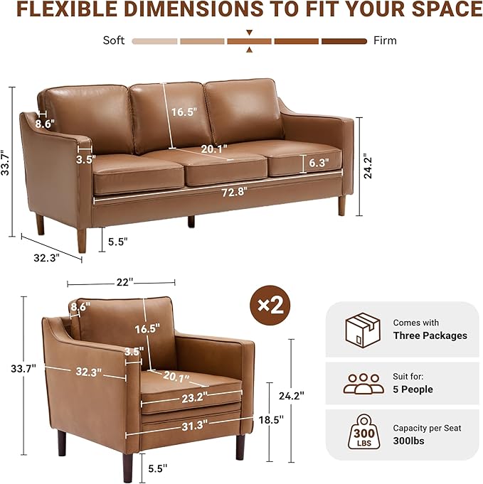 Kingfun Living Room Furniture Sets, 3 Seater Couch and 2 Armchair, Mid Century Modern Sofa Set, Faux Leather Couch with Solid Wood Frame for Living Room & Bedroom, Brown