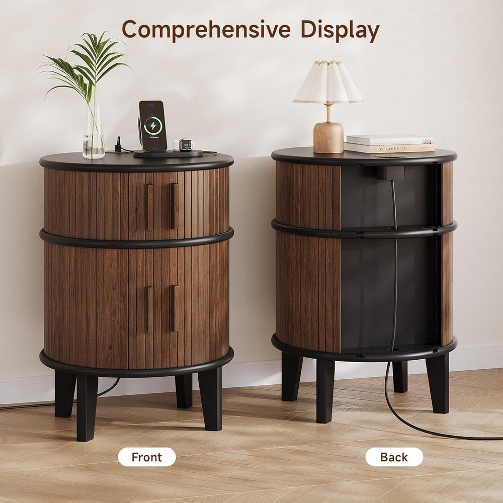 ONBRILL Fluted Round End Table with Storage, Mid-Century Modern Side Table wi...