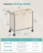 SONGMICS Laundry Basket with Wheels, 3-Section Rolling Laundry Hamper, 52.8 Gallons (200 L), Removable Liner, Steel Frame with Handle, 35.8 x 15.4 x 31.9 Inches, Cream White URLS005W01