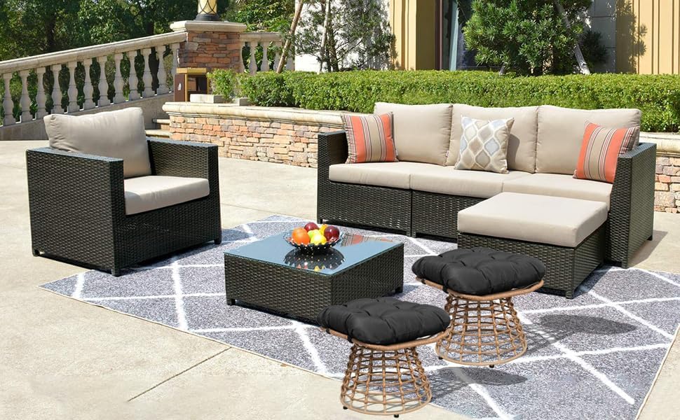 Outdoor Wicker Patio Ottomans Set of 2 rotatable Outdoor Footrest Small Seati...