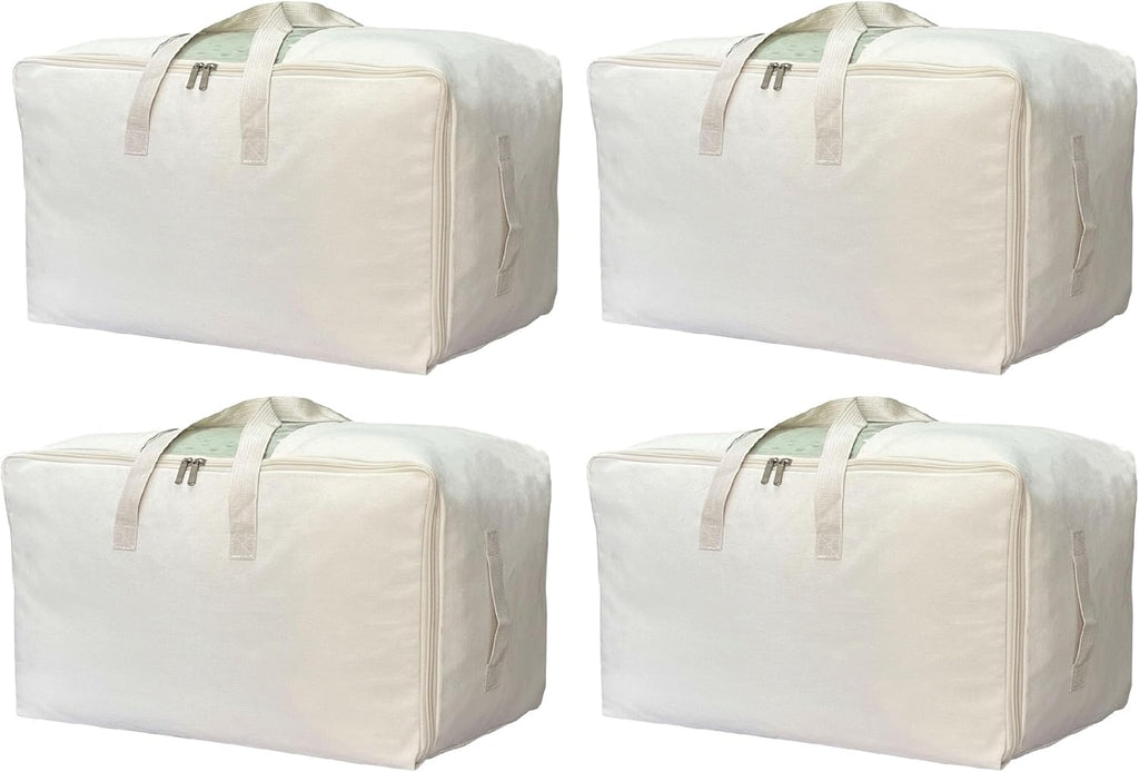 Soft Canvas Storage Bag with Zipper and Clear Window, Cotton Linen Organizer Storage for Pillow, Sweater, and Bedding, 55L, 4 Pack, Beige