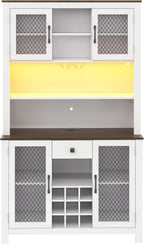 70.9" Kitchen Pantry Rustic Buffet Cabinet, Kitchen Hutch Cabinet with LED Outlets Food,Doors and Shelves Wine Rack for Dining Room (White-LED)