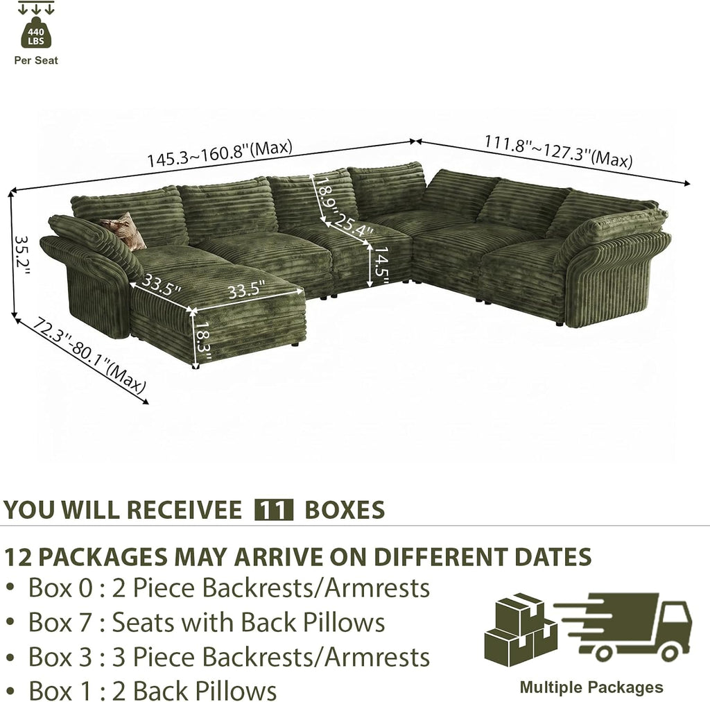 DreamDashio 7-Seat Sectional Sofa, Oversized Extra Wide Deep Seat Giant Detachable Modular Cloud Couch, Certified Corduroy Fabric with Storage & Detachable & Adjustable Arms, for Living Room, Green