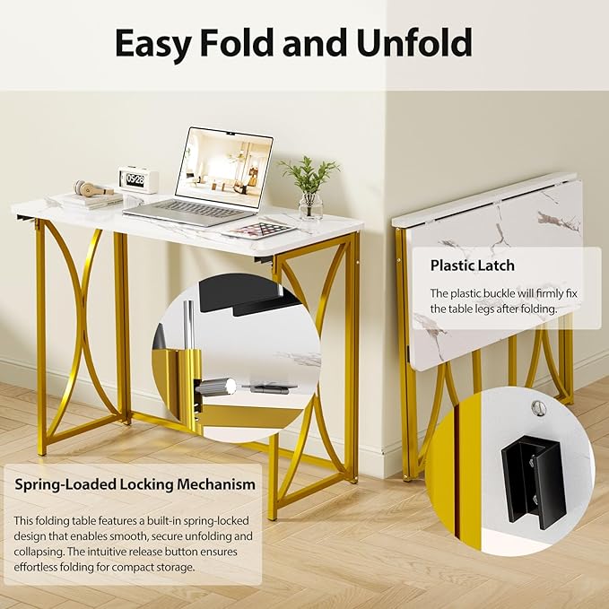 Folding Desk, 31.5" Small for Bedroom, Space Saving Foldable Computer Desk for Home Office, Easy Assembly, White and Gold