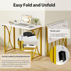Folding Desk, 31.5" Small for Bedroom, Space Saving Foldable Computer Desk for Home Office, Easy Assembly, White and Gold