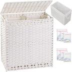Laundry Hamper with Lid Wicker Laundry Basket 112 L (29.6 Gal) Laundry Hampers Handwoven Rattan Clothes Hamper with Handles 3 Removable Liner Bag, 6 Mesh Bags for Bathroom Bedroom White