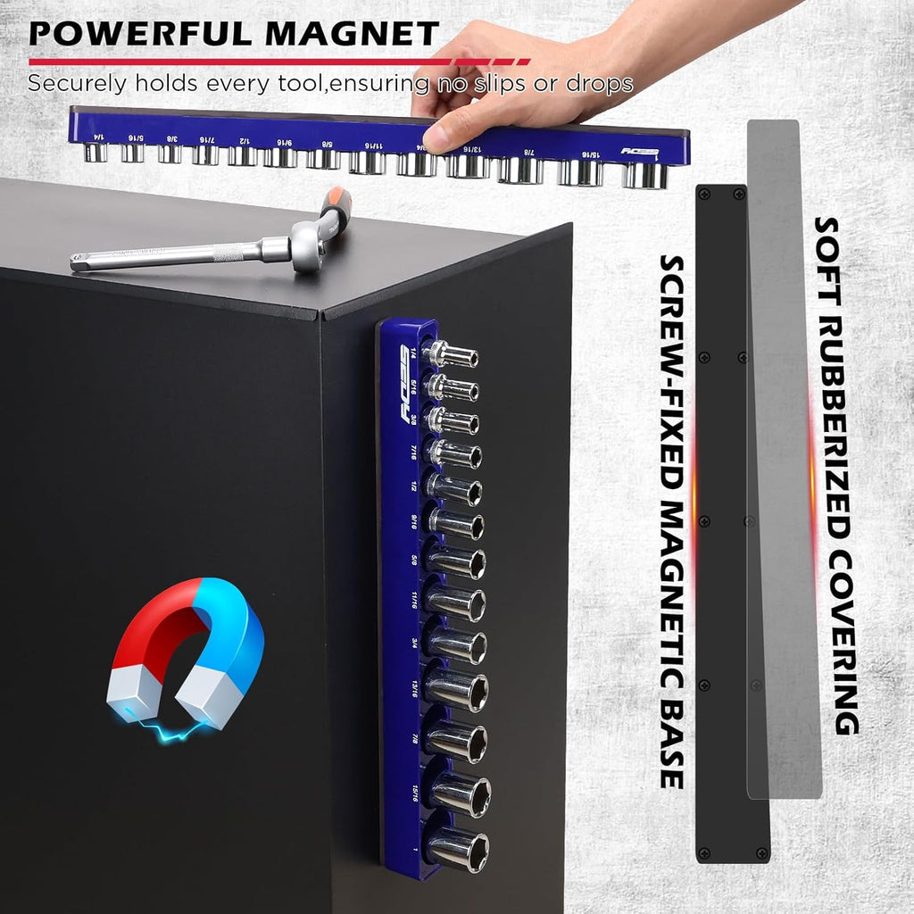 2-Piece 3/8"-Drive SAE Magnetic Socket Organizer Set (Holds 26 Sockets) - Detachable Tool Tray with 5mm Magnetic Base, Screw-Fixed Design & Heavy-Duty Modular Storage for Garage/Home Workshop