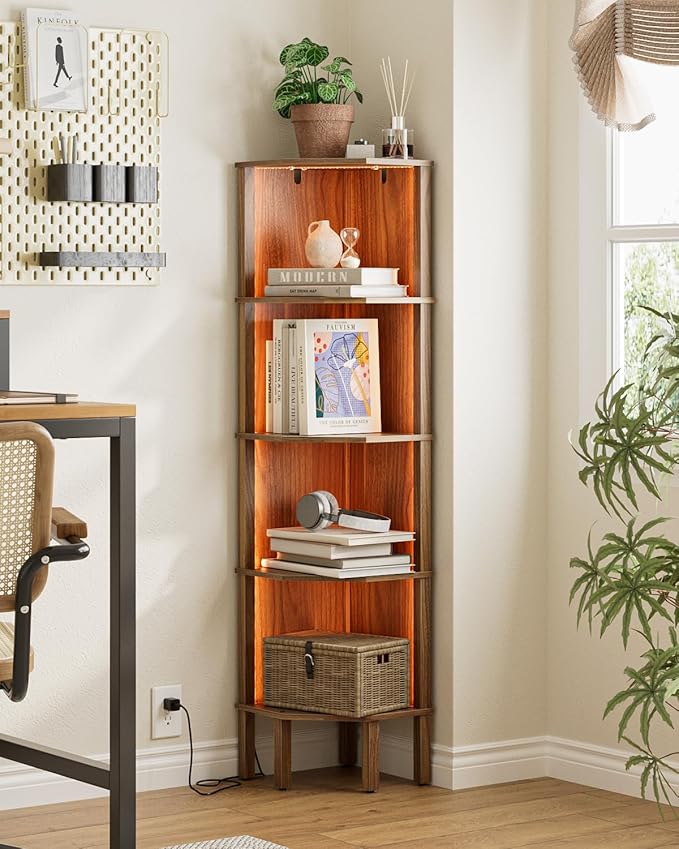 Corner Shelf, 5 Tier Corner Bookshelf with LED Light,Wall Display Corner Shelf Stand with Storage Rack for Living Room,Bedroom,Office,Walnut
