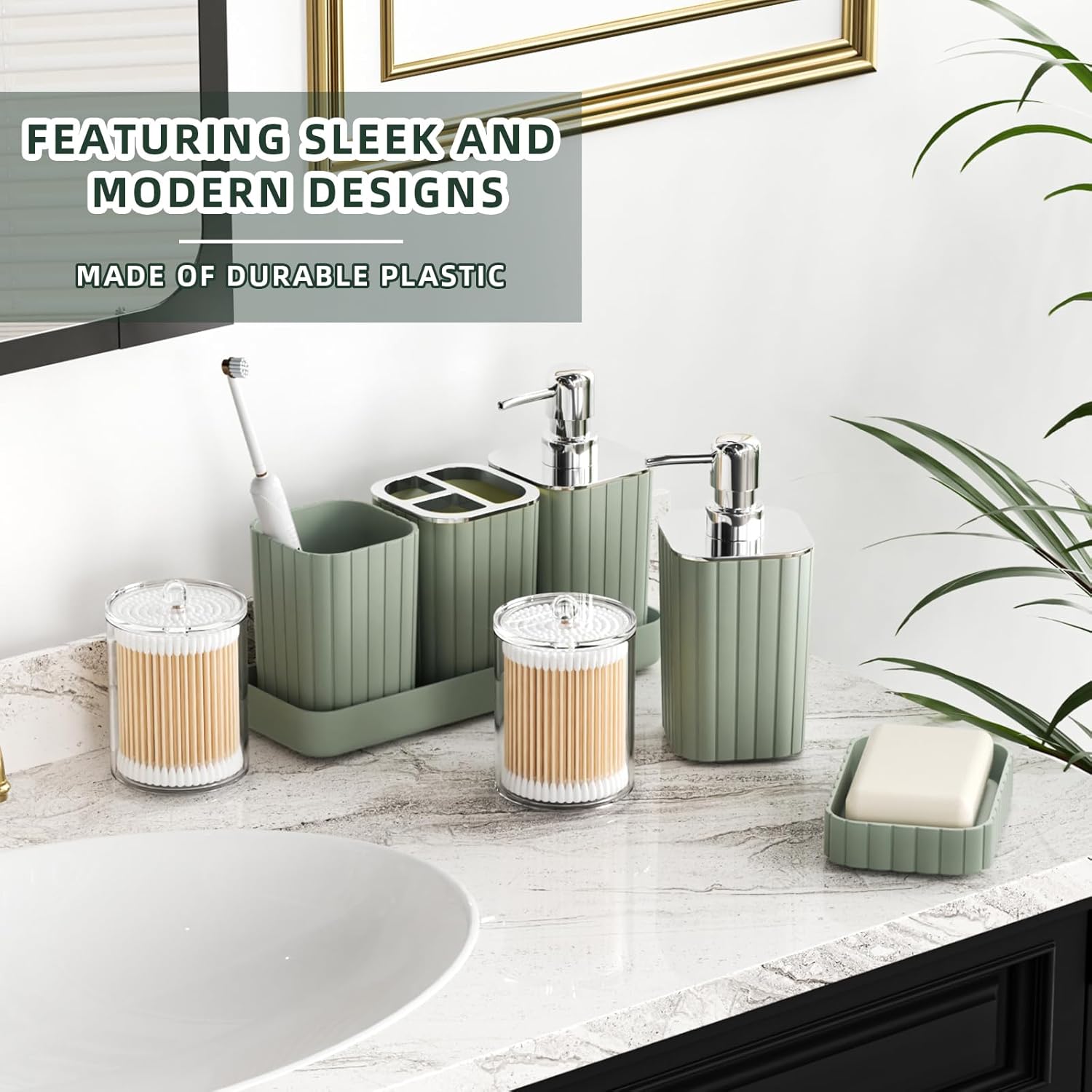 26PC Bathroom Accessories Set - Gorgeous Bathroom Set, Sage Green Bathroom Accessory Set, Shower Curtain Set with Bathtub Mats for Shower Tub, Trash Can & Soap Dispenser