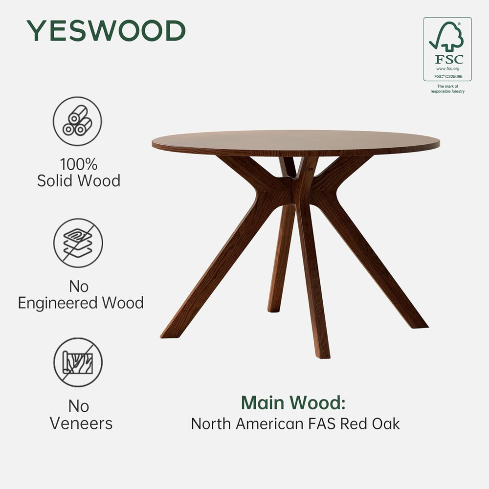 YESWOOD 43.3’’ Round Dining Table for 4, Solid Wood Oak Kitchen Table with In...