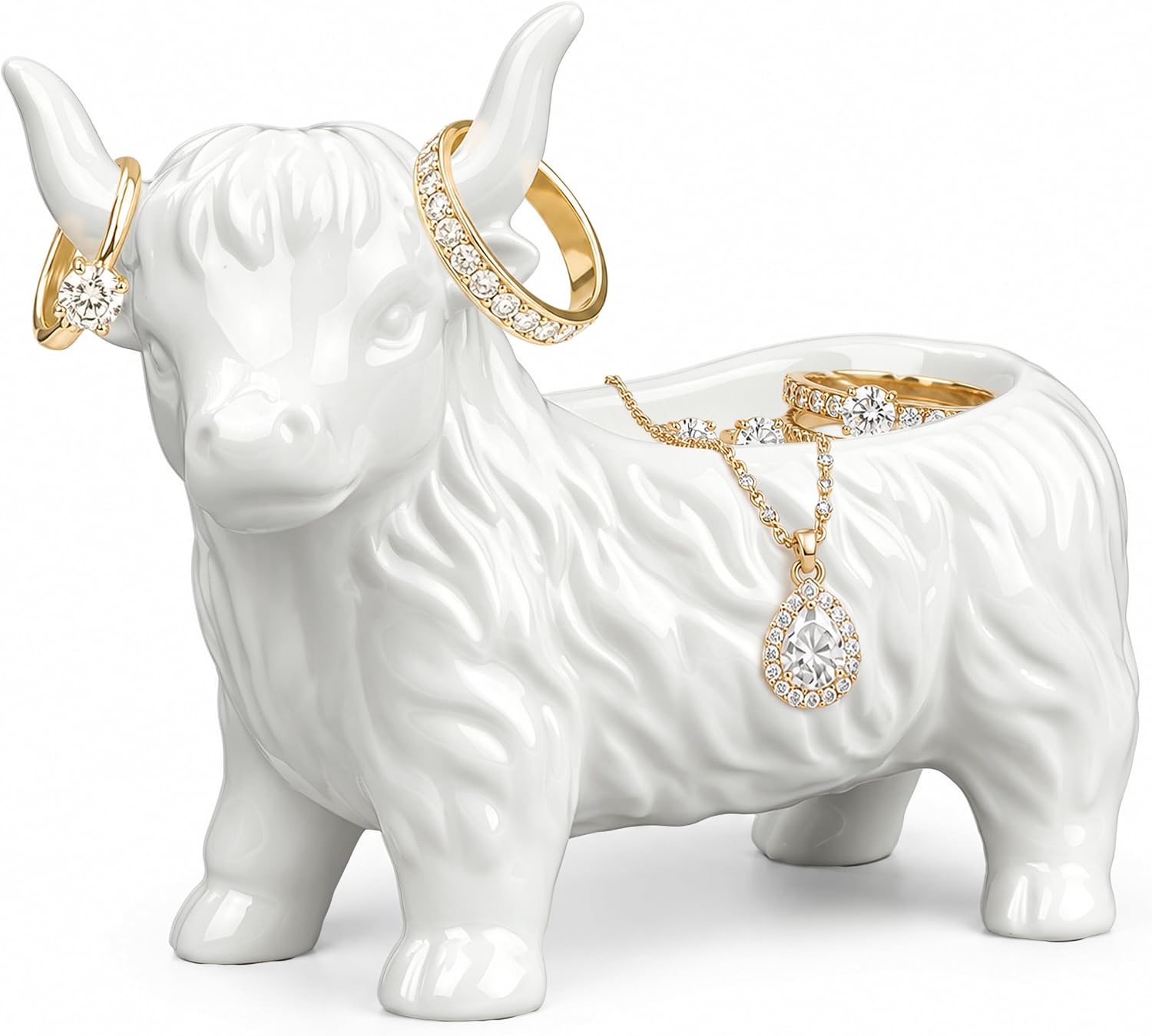Highland Cow Ring Holder Dish - Cute White Highland Cow Gifts for Women | Jewelry Trinket Holder Tray for Ring, Earring, Necklace, Cute Highland Cow Room Decor Gifts for Women Mom Friends