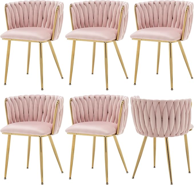 Velvet Dining Chairs Set of 6, Modern Upholstered Dining Chairs with Gold Metal Legs for Dining Room, Vanity, Kitchen, Living Room(Pink)