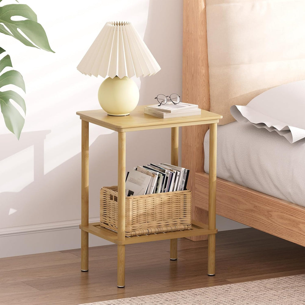 2 Tier Bamboo Narrow End Table, No Tool Assembly Bedroom Bedside Table, Small...
