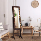 Giantex Standing Jewelry Armoire with 18 LED Lights Around the Door, Large Storage Mirrored Jewelry Cabinet with Full Length Mirror, 16 Lipstick Holders, 1 Inside Makeup Mirror (Brown)