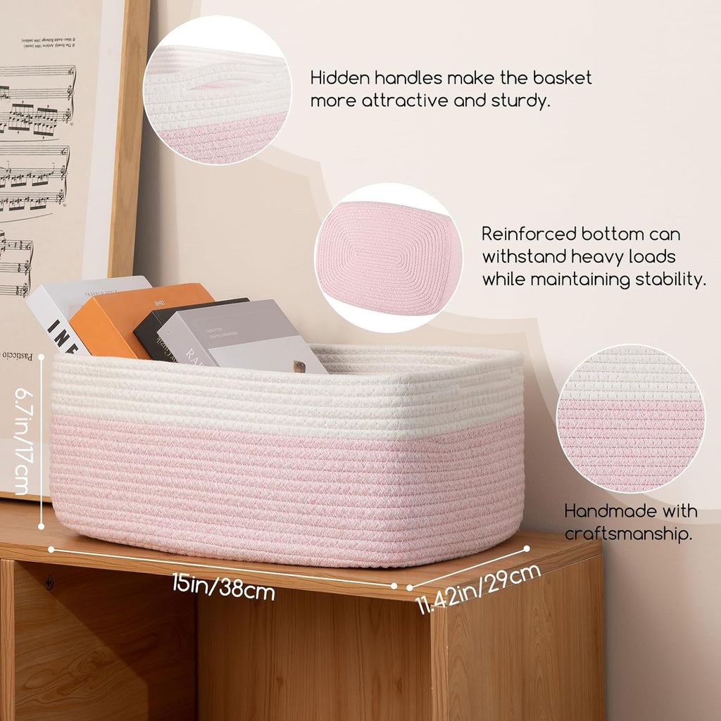 Storage Baskets for Organizing 3 Pack, Woven Baskets for Shelves, Closet Organizer Bins Empty Gift Basket Toy Storage for Toys, Books, Towels, Clothes, 15"x11.42"x6.7", Pink