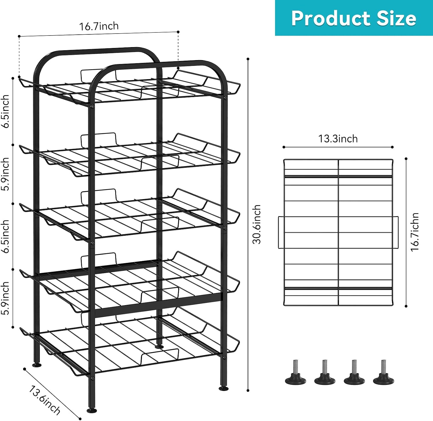 Water Bottle Organizer 5 Tier FreeStanding Water Bottle Storage Shelf Adjustable Water Bottle Holder Stand Metal Beverage Can Rack for Pantry Kitchen Party Black