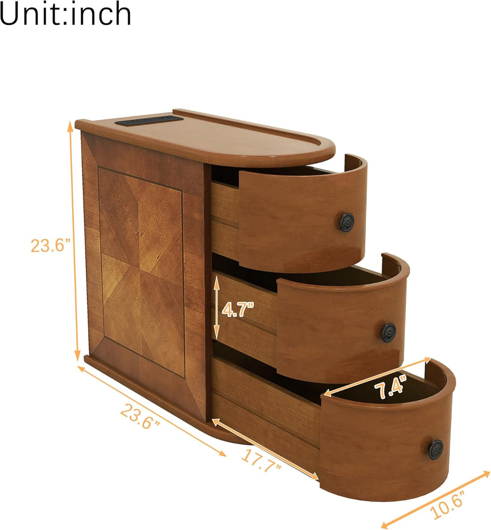 Narrow End Table with Charging Station, Wood Side Table with Drawers for Smal...