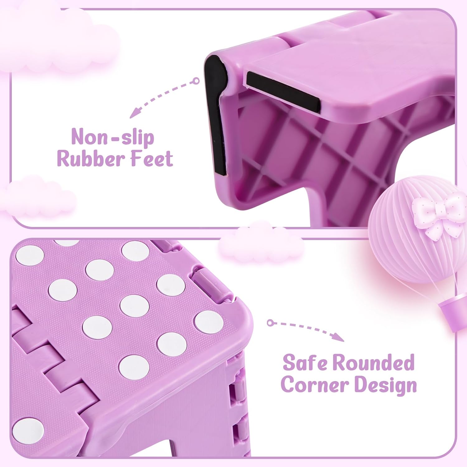ACSTEP 9 Inch Folding Step Stool 2 Pack, Plastic Foldable Step Stools with Handle, 300 LB Non-Slip Stepping Stool for Kids and Adults, Portable for Kitchen, Bathroom (Orange & Light Purple)