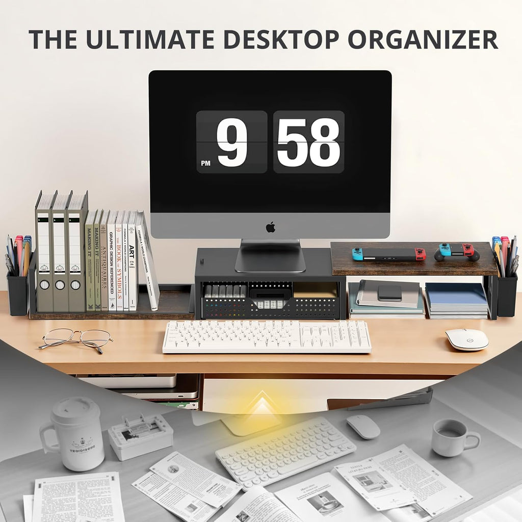 OPNICE Wood Desk Organizers and Accessories, Dual Monitor Stand Riser with Drawer and 2 Pen Holders, Desk Shelf Computer Racks for Office Workspace Organizers, Desktop Organization (Rustic Brown)