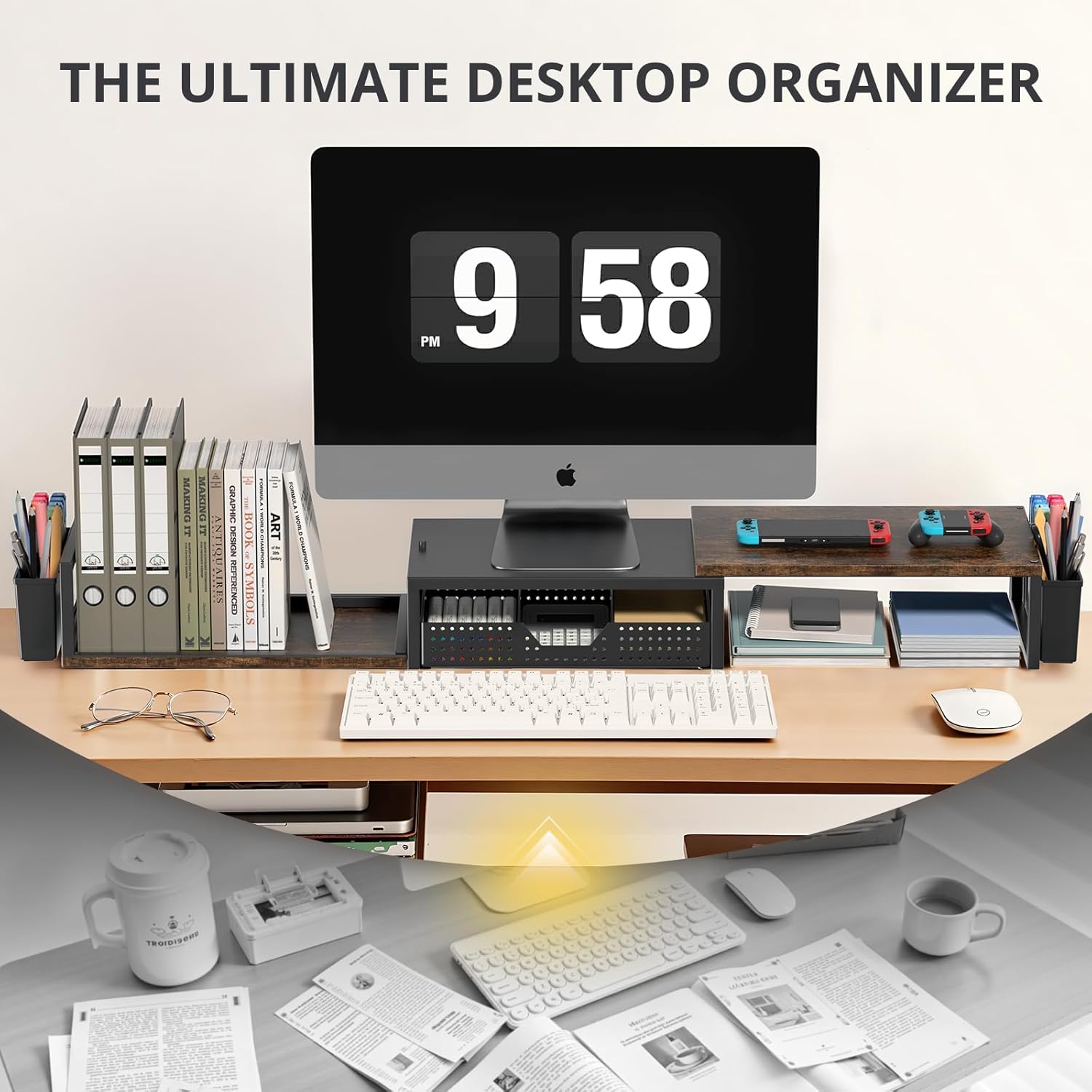 OPNICE Wood Desk Organizers and Accessories, Dual Monitor Stand Riser with Drawer and 2 Pen Holders, Desk Shelf Computer Racks for Office Workspace Organizers, Desktop Organization (Rustic Brown)