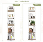 Bikoney Bookshelves 5-Tier, Rotating Bookshelf Tower for Corner, Small Narrow Bookcase, Tall Industrial Bookshelf, Wood and Metal White