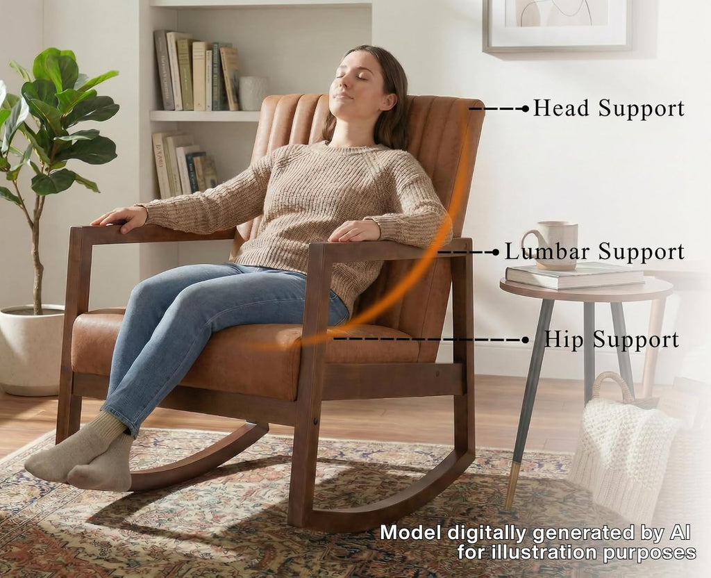 Leather Modern Rocking Chair Mid Century Armchair Upholstered Arm Chair with Padded Seat/Wood Frame, Comfy Rocker for Living Room/Bedroom, Retro Brown PU